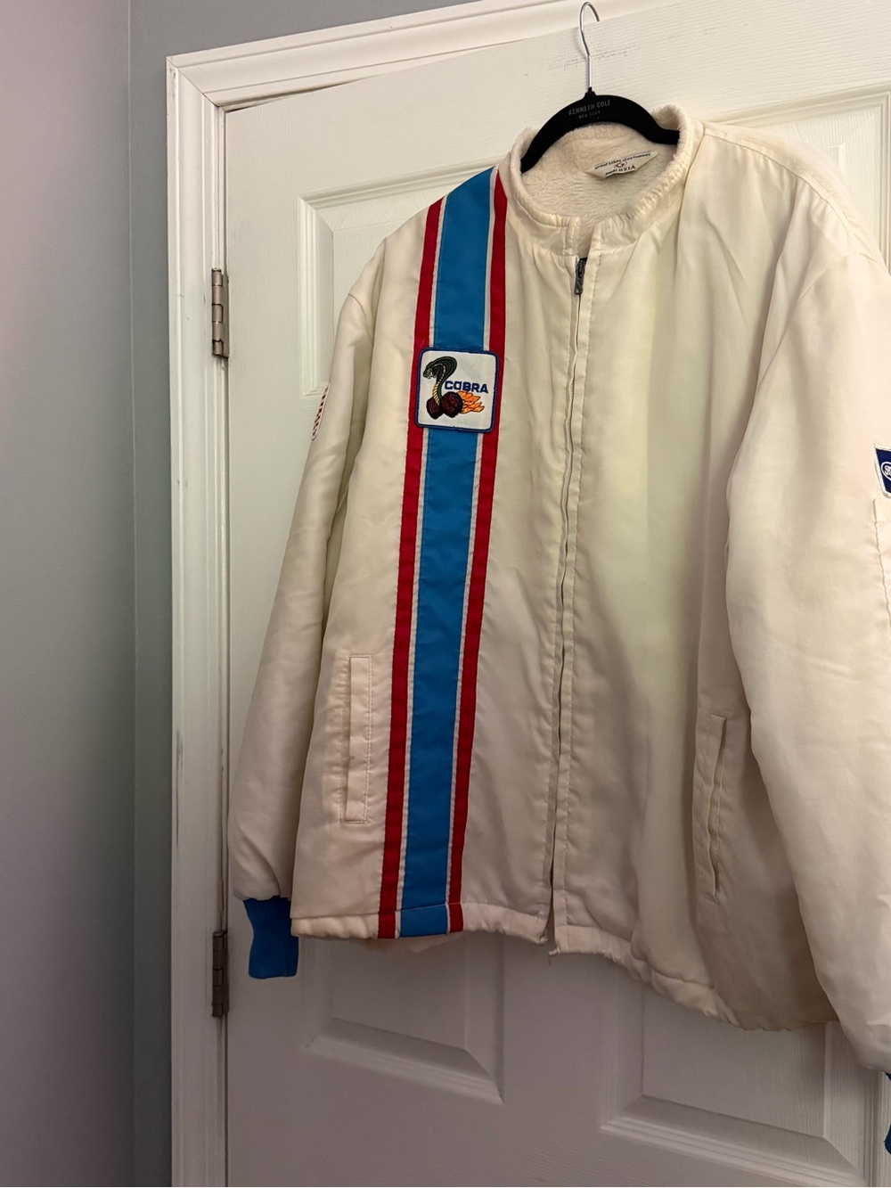 Collectible Vintage Ford Cream Bomber Jacket with Blue & Red Racing Stripes